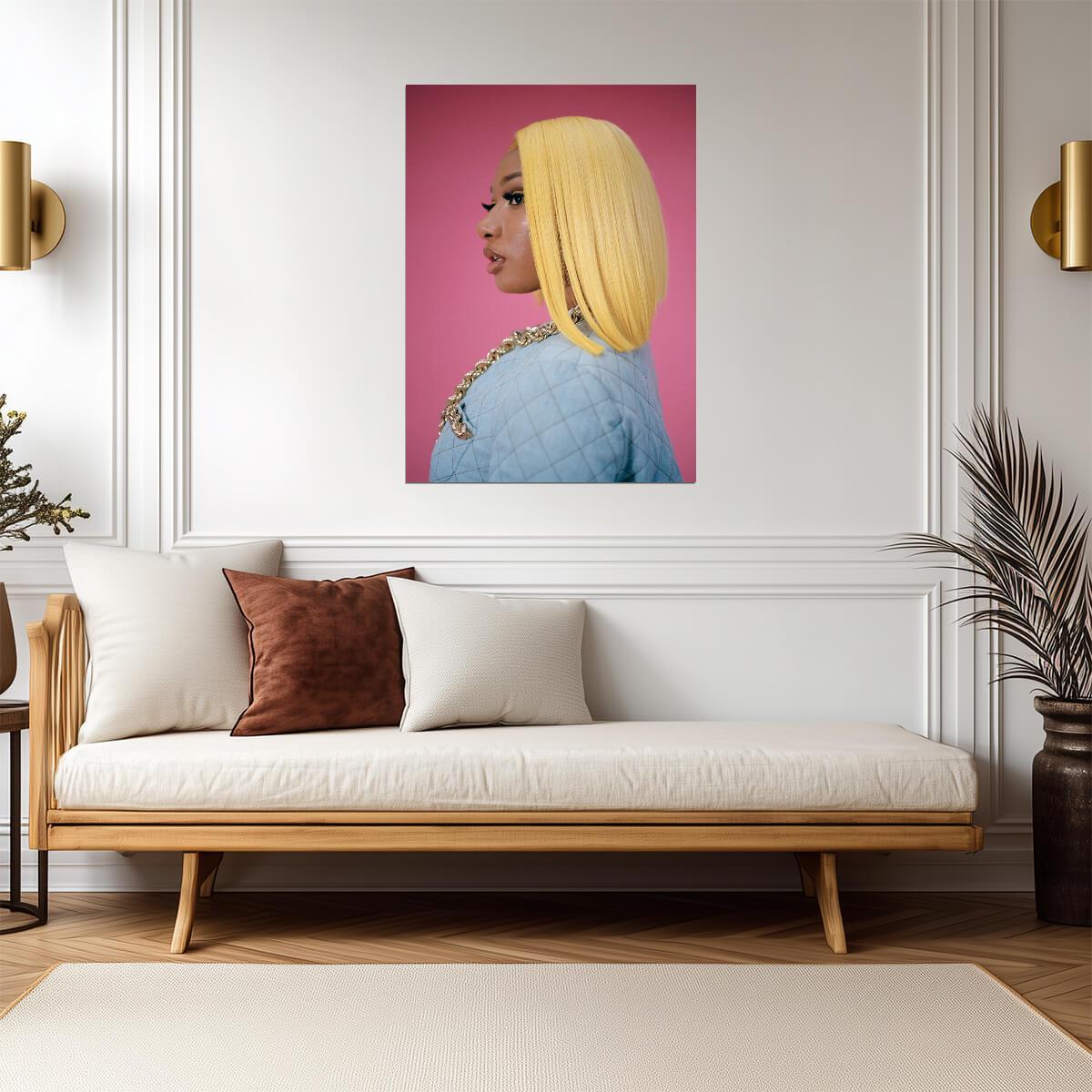 Megan Thee Stallion Yellow Bob Wig | Pink Background Poster | Hip Hop Star Fashion Art - Music Poster