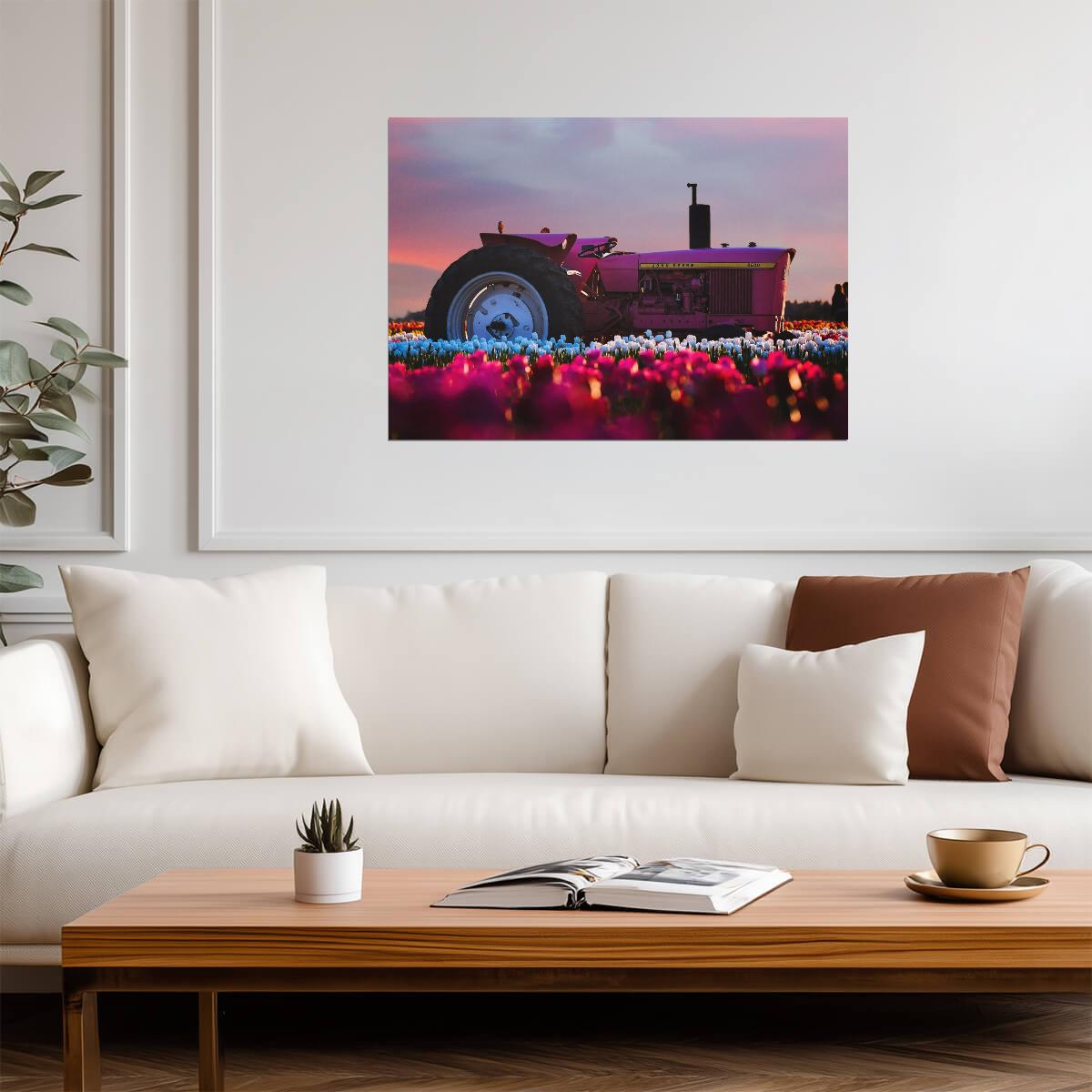 Pink John Deere 2630 Tractor | Farm Art Print | Vintage Tractor in Tulip Field Poster - Cars Poster