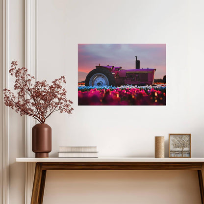 Pink John Deere 2630 Tractor | Farm Art Print | Vintage Tractor in Tulip Field Poster - Cars Poster