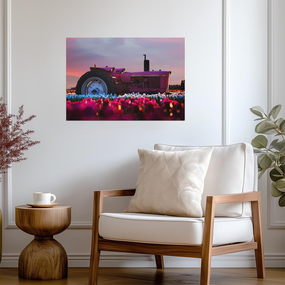 Pink John Deere 2630 Tractor | Farm Art Print | Vintage Tractor in Tulip Field Poster - Cars Poster
