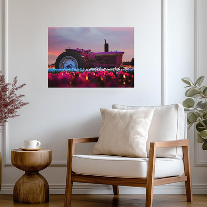 Pink John Deere 2630 Tractor | Farm Art Print | Vintage Tractor in Tulip Field Poster - Cars Poster