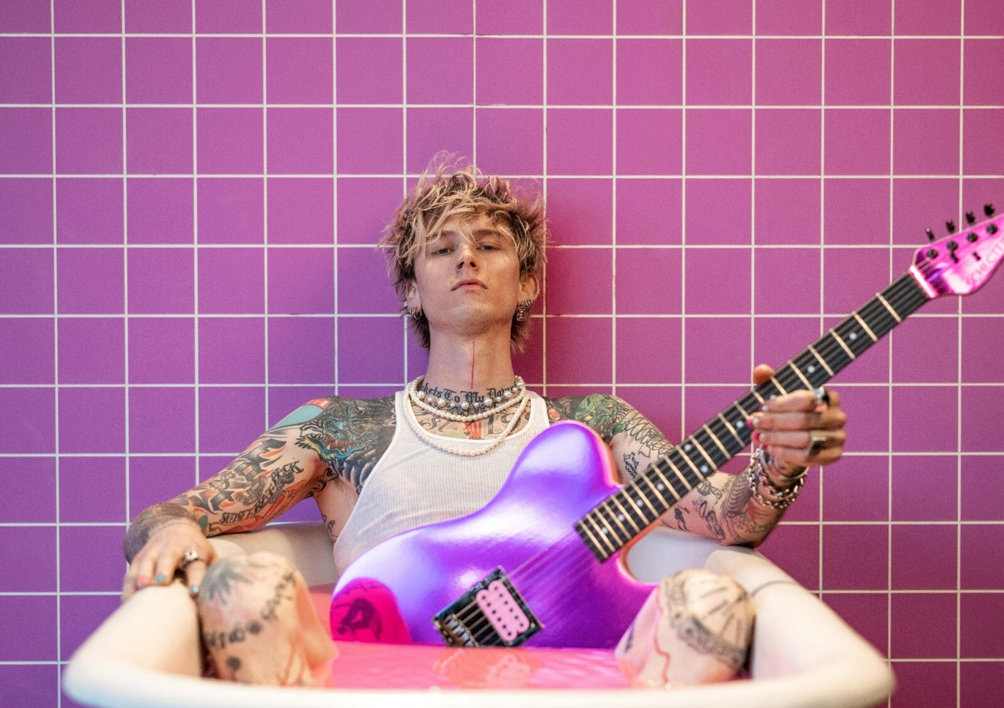 Machine Gun Kelly MGK in Pink Bathtub | Purple Guitar Photoshoot | Pop Punk Music Poster - Music Poster