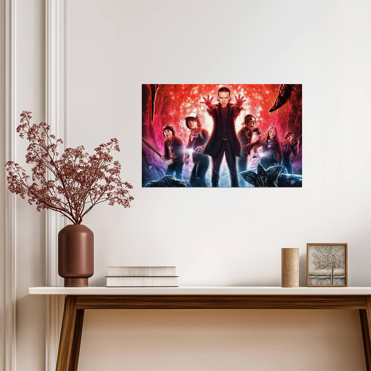Stranger Things Cast in the Upside Down | Illustrated TV Show Poster | 80s Sci-Fi Horror Art - Movies & TV Poster