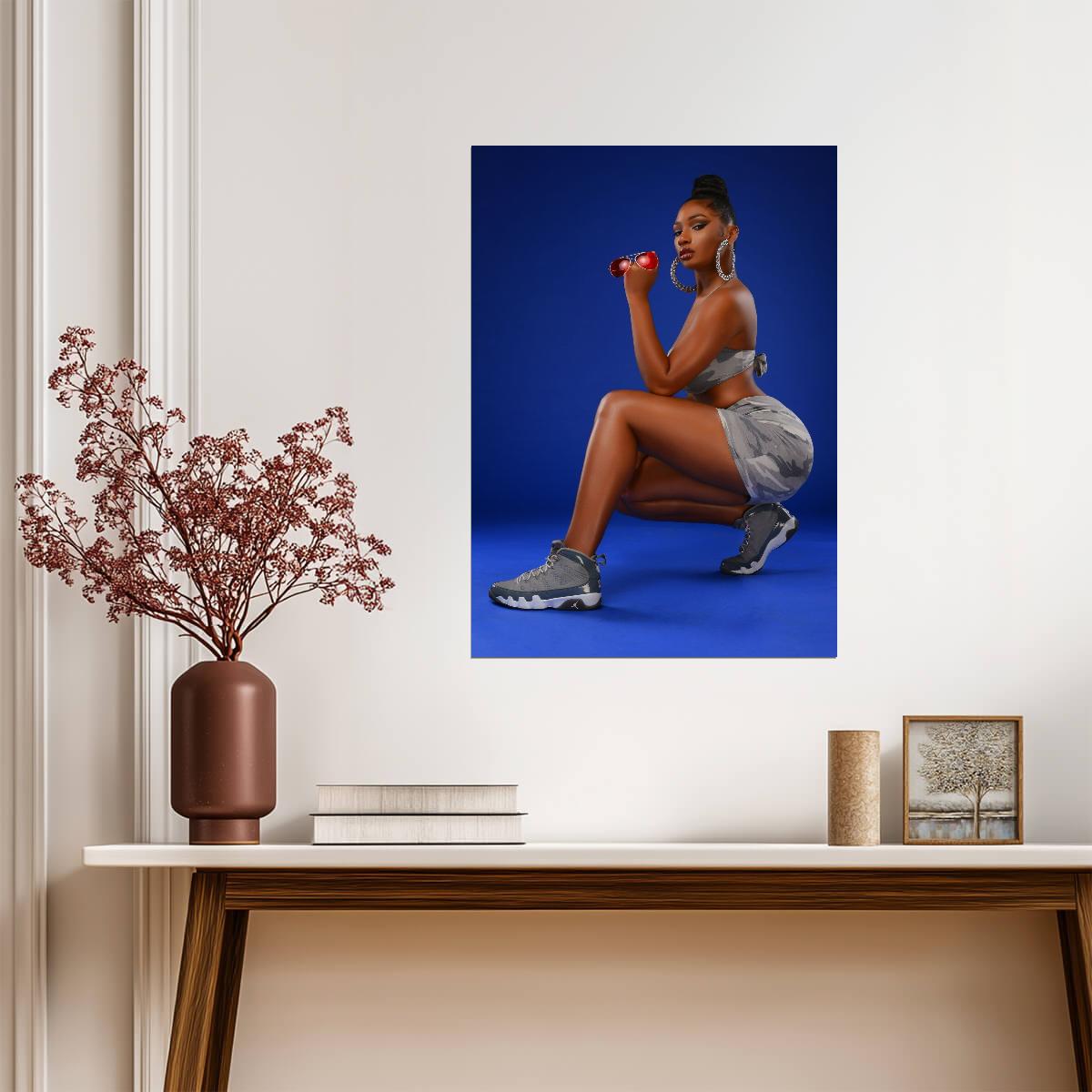 Megan Thee Stallion Grey Camo Outfit | Blue Background Poster | Hip Hop Star Wall Art - Music Poster