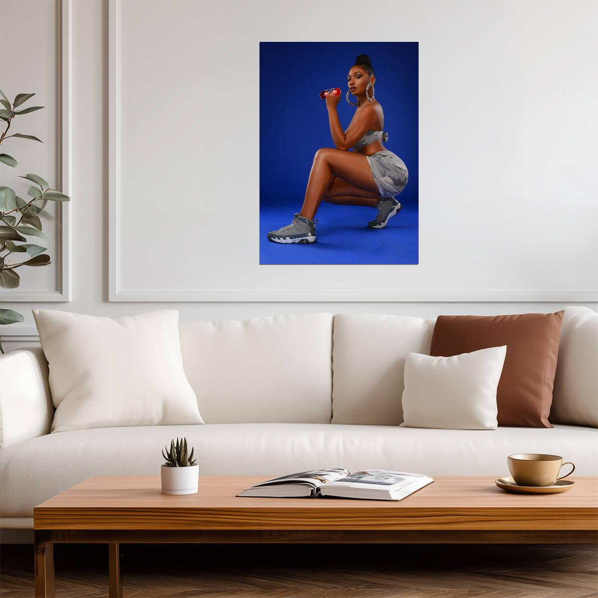 Megan Thee Stallion Grey Camo Outfit | Blue Background Poster | Hip Hop Star Wall Art - Music Poster