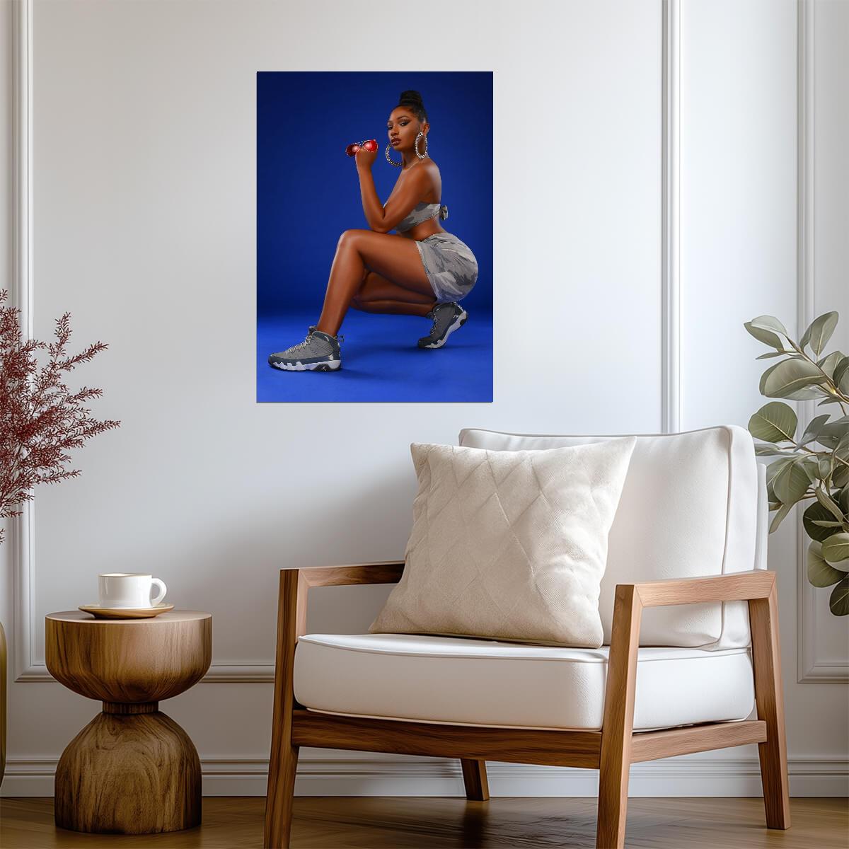 Megan Thee Stallion Grey Camo Outfit | Blue Background Poster | Hip Hop Star Wall Art - Music Poster