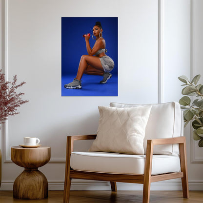 Megan Thee Stallion Grey Camo Outfit | Blue Background Poster | Hip Hop Star Wall Art - Music Poster