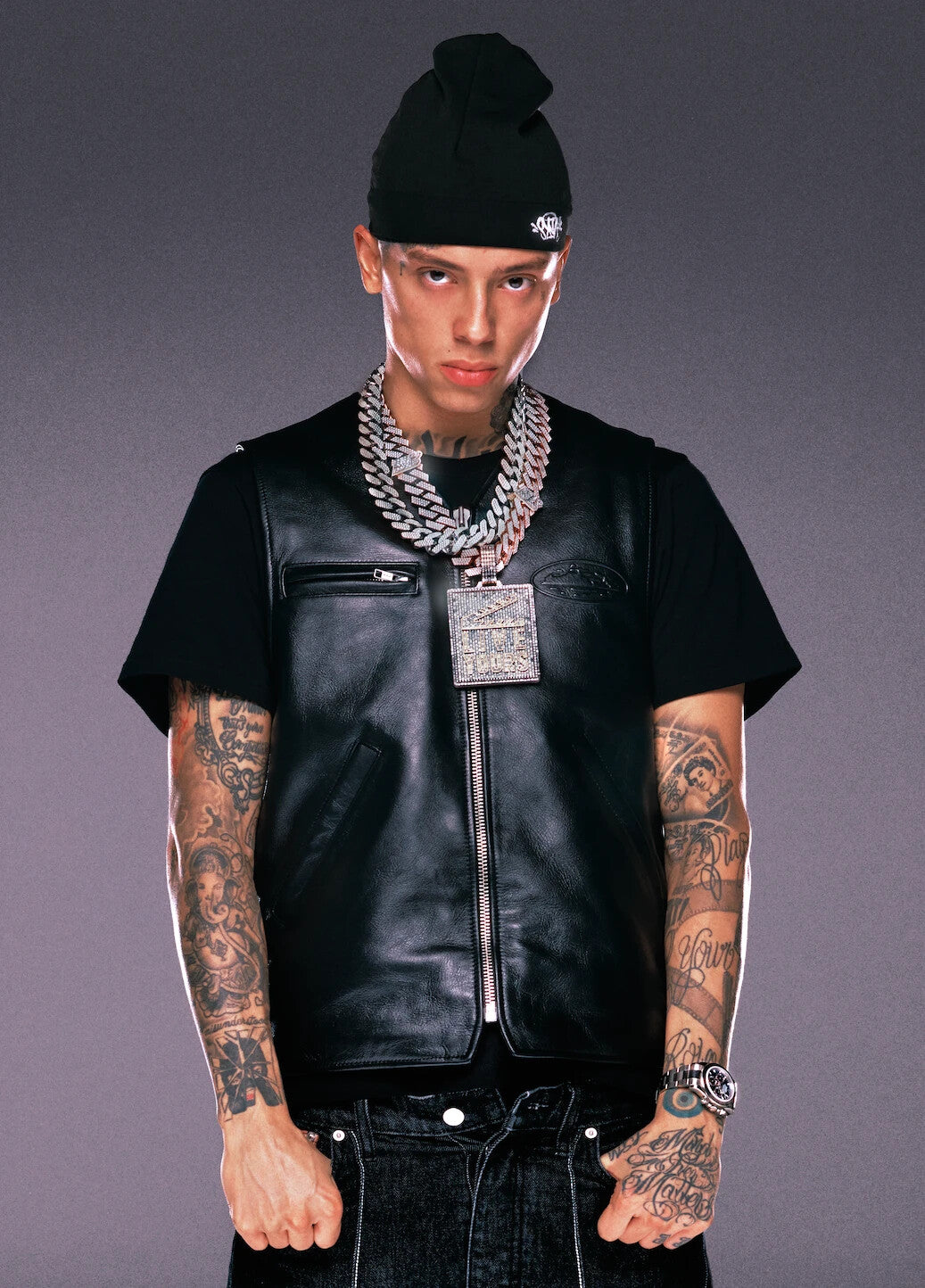 Central Cee Leather Vest Portrait | Tattoos Poster | UK Rap Star Wall Art - Music Poster