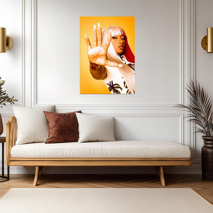 Megan Thee Stallion Hand Up Portrait | Yellow Background Poster | Music Star Wall Art - Music Poster