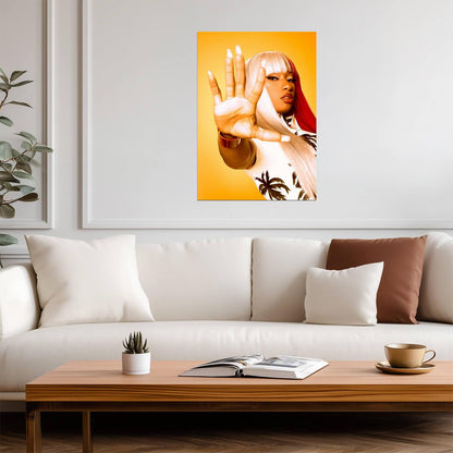 Megan Thee Stallion Hand Up Portrait | Yellow Background Poster | Music Star Wall Art - Music Poster