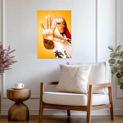 Megan Thee Stallion Hand Up Portrait | Yellow Background Poster | Music Star Wall Art - Music Poster