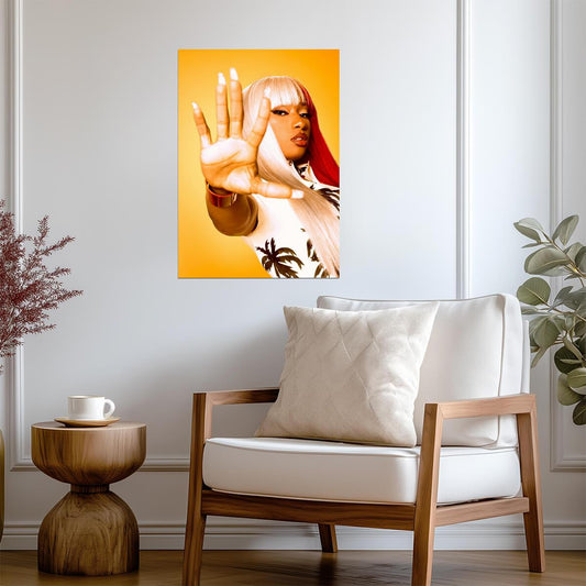 Megan Thee Stallion Hand Up Portrait | Yellow Background Poster | Music Star Wall Art - Music Poster