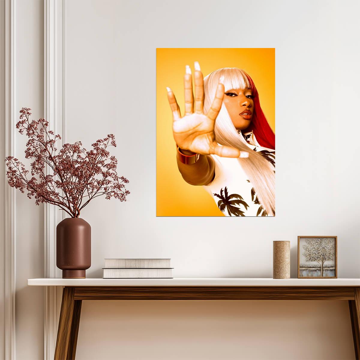 Megan Thee Stallion Hand Up Portrait | Yellow Background Poster | Music Star Wall Art - Music Poster