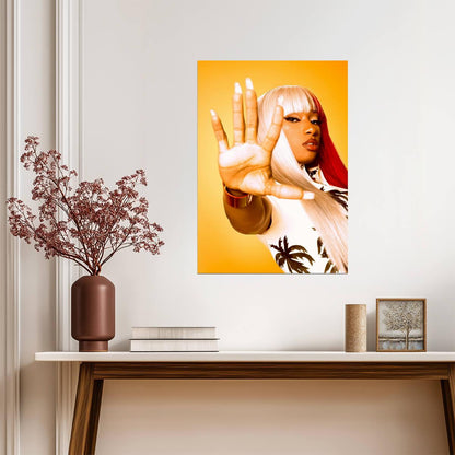 Megan Thee Stallion Hand Up Portrait | Yellow Background Poster | Music Star Wall Art - Music Poster