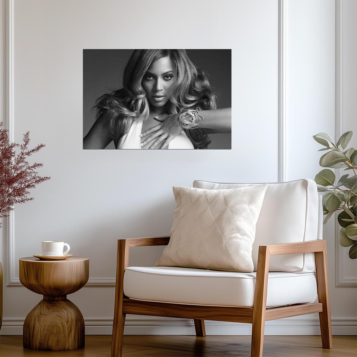 Beyonce Black and White Portrait | Pop Music Icon Poster | Elegant Monochrome Wall Art - Music Poster