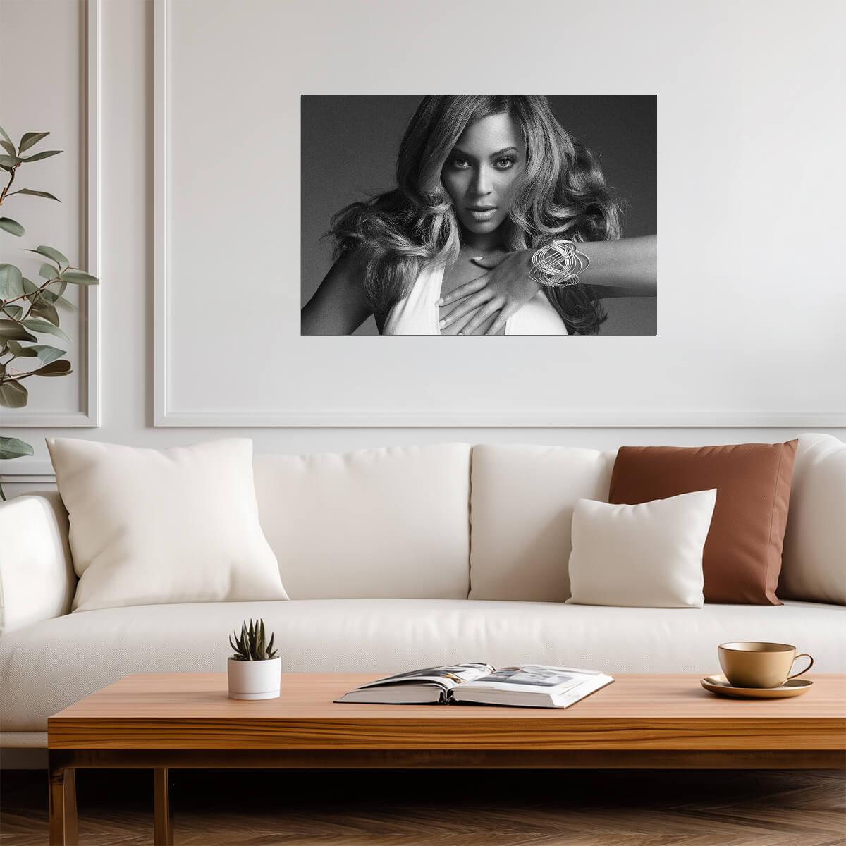 Beyonce Black and White Portrait | Pop Music Icon Poster | Elegant Monochrome Wall Art - Music Poster