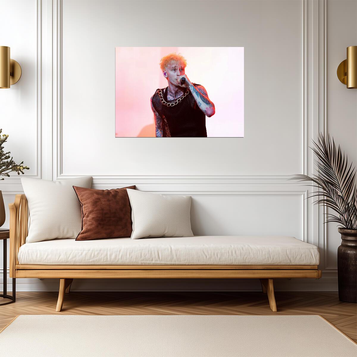Machine Gun Kelly Live Performance | Black Mesh Top & Gold Chain | Rock Music Poster - Music Poster