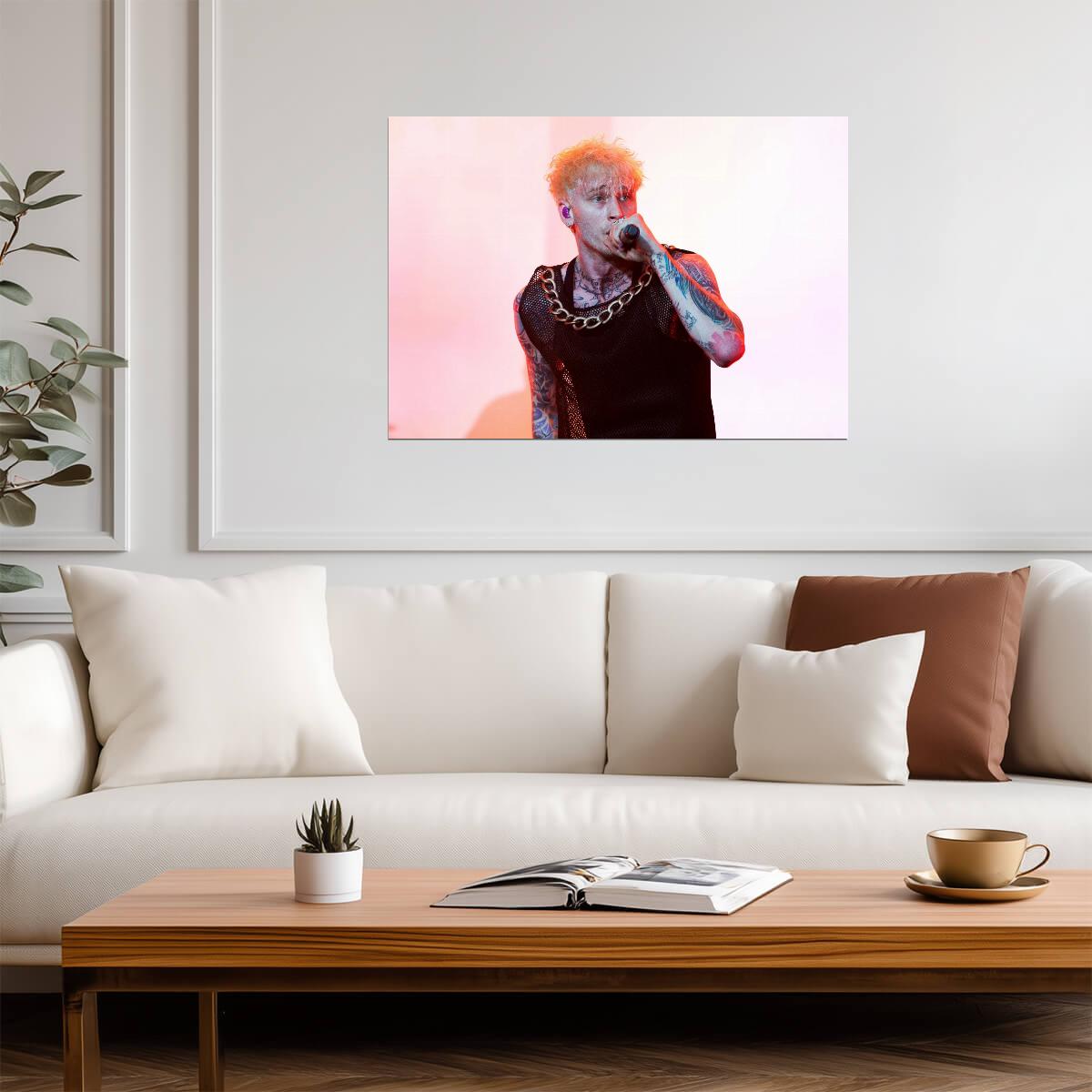 Machine Gun Kelly Live Performance | Black Mesh Top & Gold Chain | Rock Music Poster - Music Poster