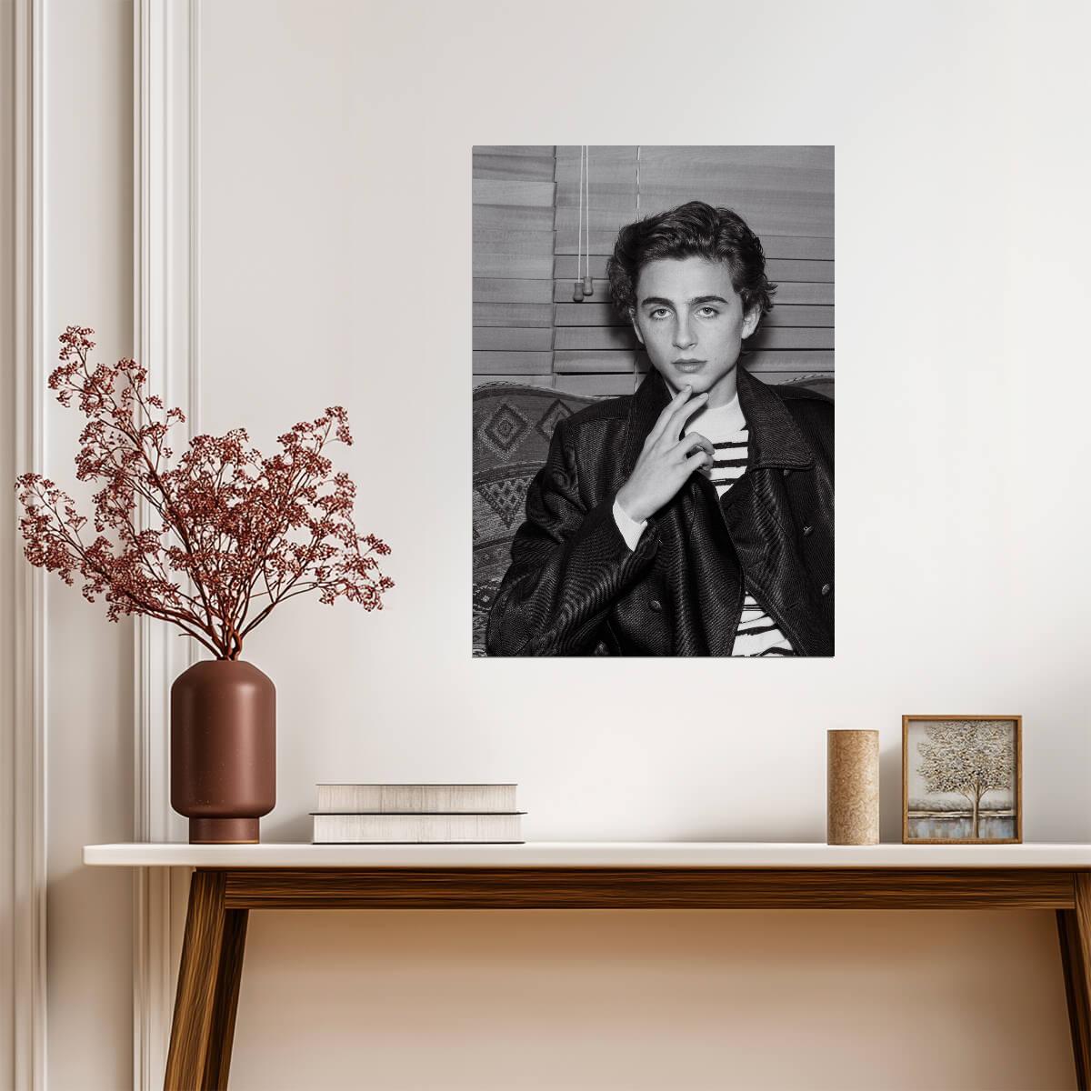 Timothée Chalamet Leather Jacket | Black and White Portrait | Celebrity Actor Poster - Celebrities Poster