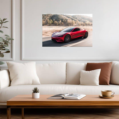 Tesla Roadster Gen 2 in Motion | Red Electric Supercar Poster | Winding Road Automotive Photography - Cars Poster