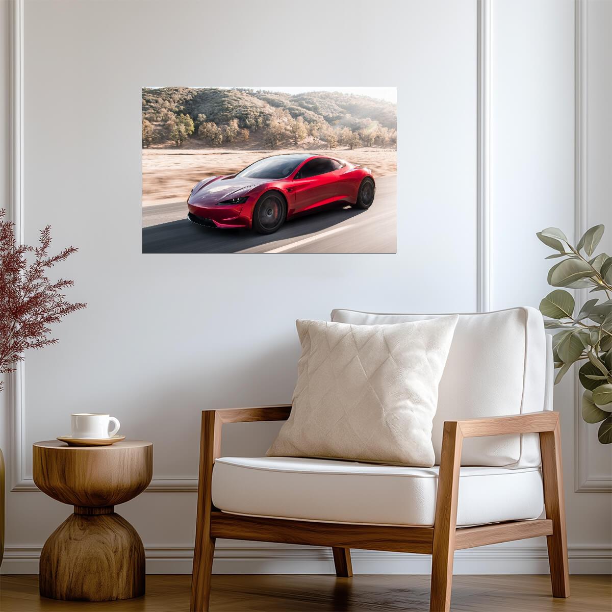 Tesla Roadster Gen 2 in Motion | Red Electric Supercar Poster | Winding Road Automotive Photography - Cars Poster