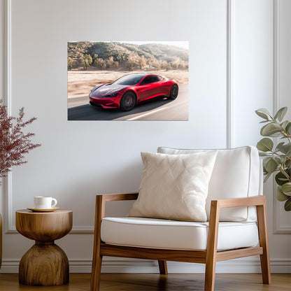 Tesla Roadster Gen 2 in Motion | Red Electric Supercar Poster | Winding Road Automotive Photography - Cars Poster