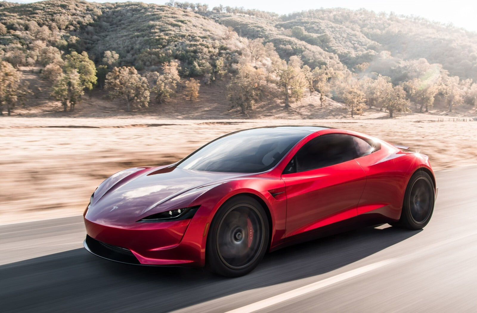 Tesla Roadster Gen 2 in Motion | Red Electric Supercar Poster | Winding Road Automotive Photography - Cars Poster