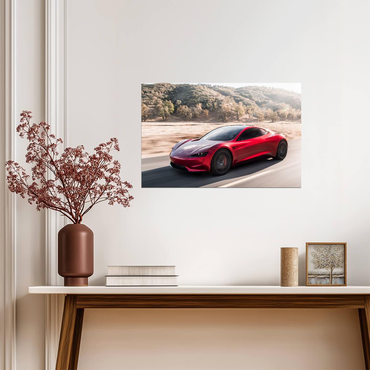 Tesla Roadster Gen 2 in Motion | Red Electric Supercar Poster | Winding Road Automotive Photography - Cars Poster