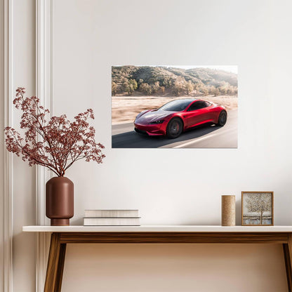 Tesla Roadster Gen 2 in Motion | Red Electric Supercar Poster | Winding Road Automotive Photography - Cars Poster