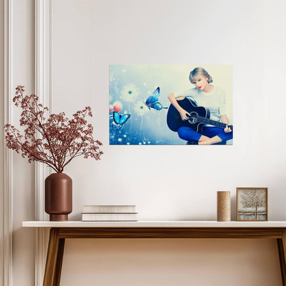 Taylor Swift with Black Guitar | Blue Butterfly Art Poster | Music Star Illustration - Music Poster