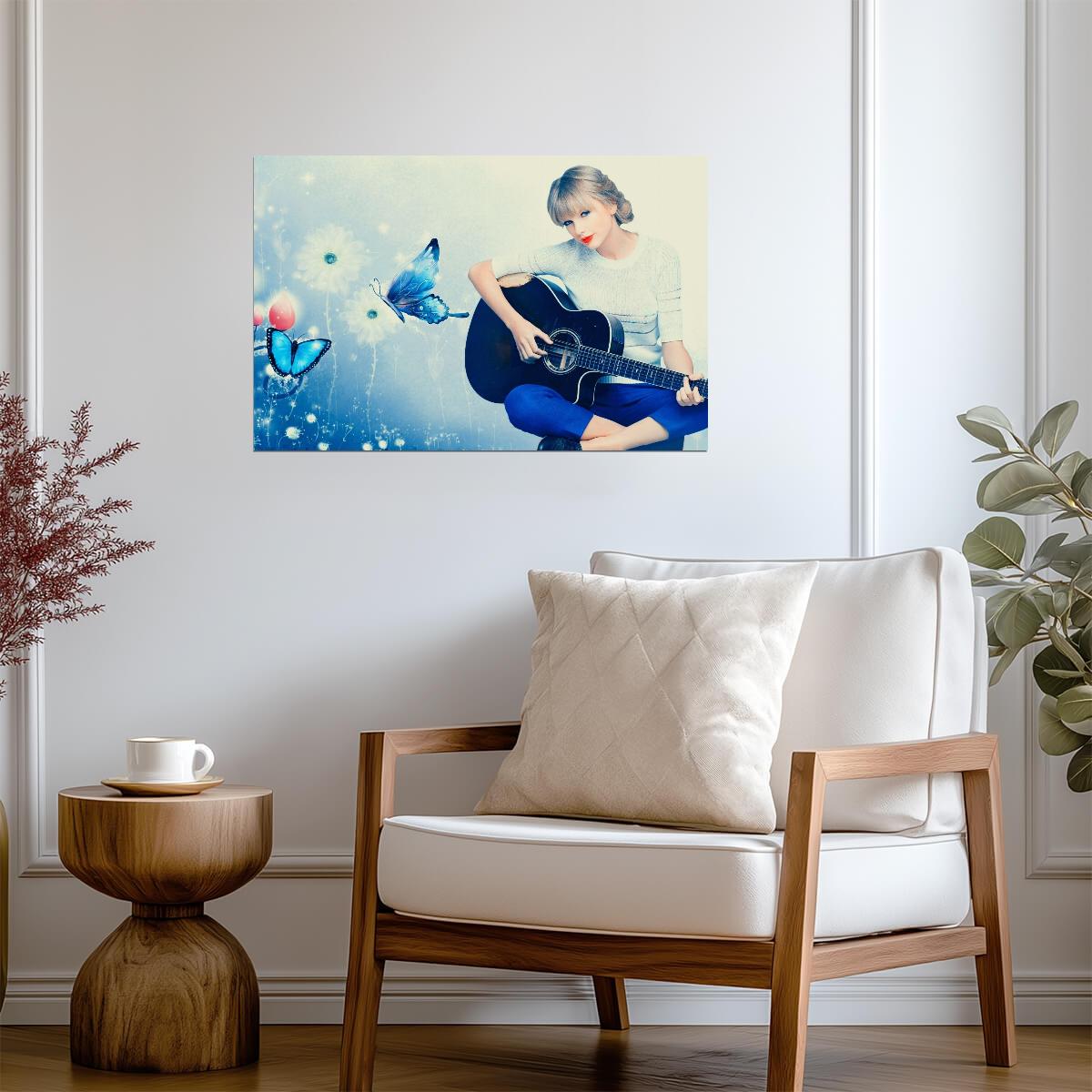 Taylor Swift with Black Guitar | Blue Butterfly Art Poster | Music Star Illustration - Music Poster
