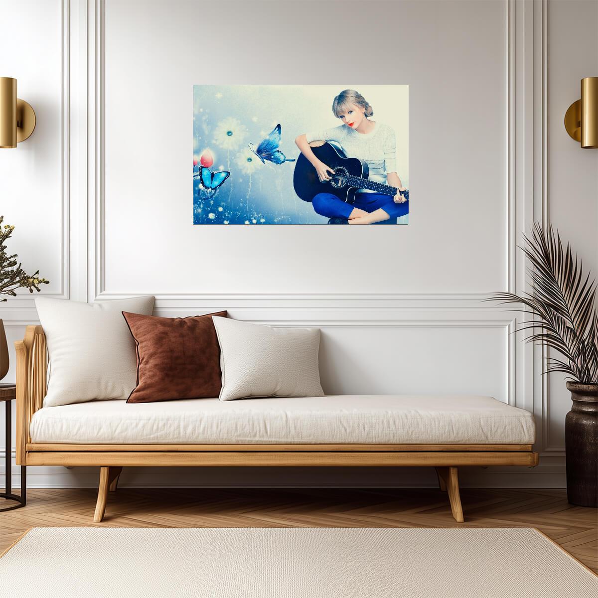 Taylor Swift with Black Guitar | Blue Butterfly Art Poster | Music Star Illustration - Music Poster