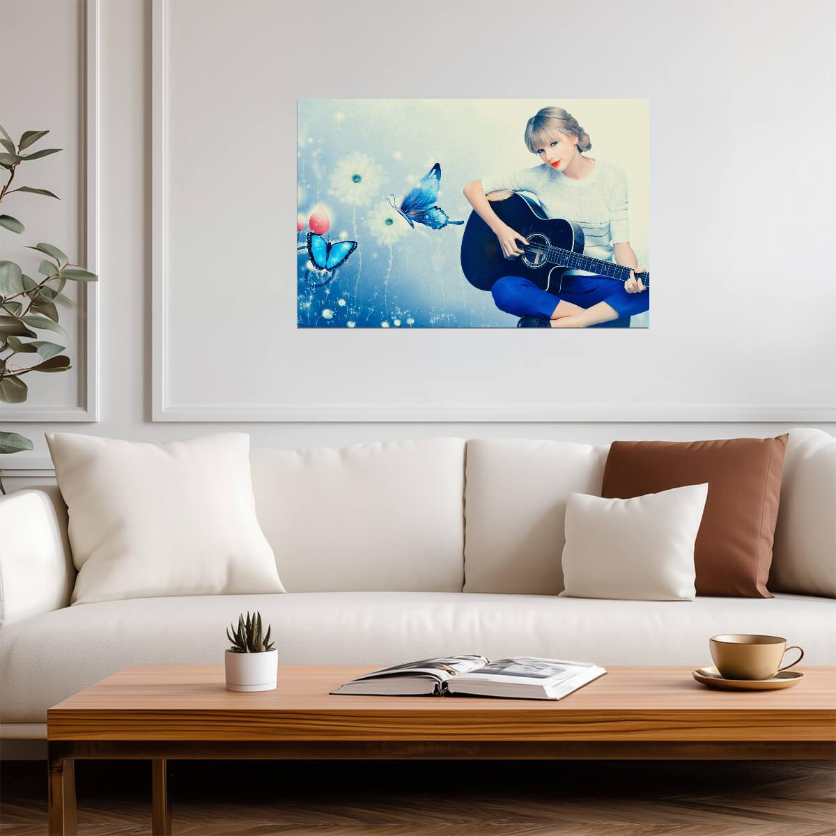 Taylor Swift with Black Guitar | Blue Butterfly Art Poster | Music Star Illustration - Music Poster