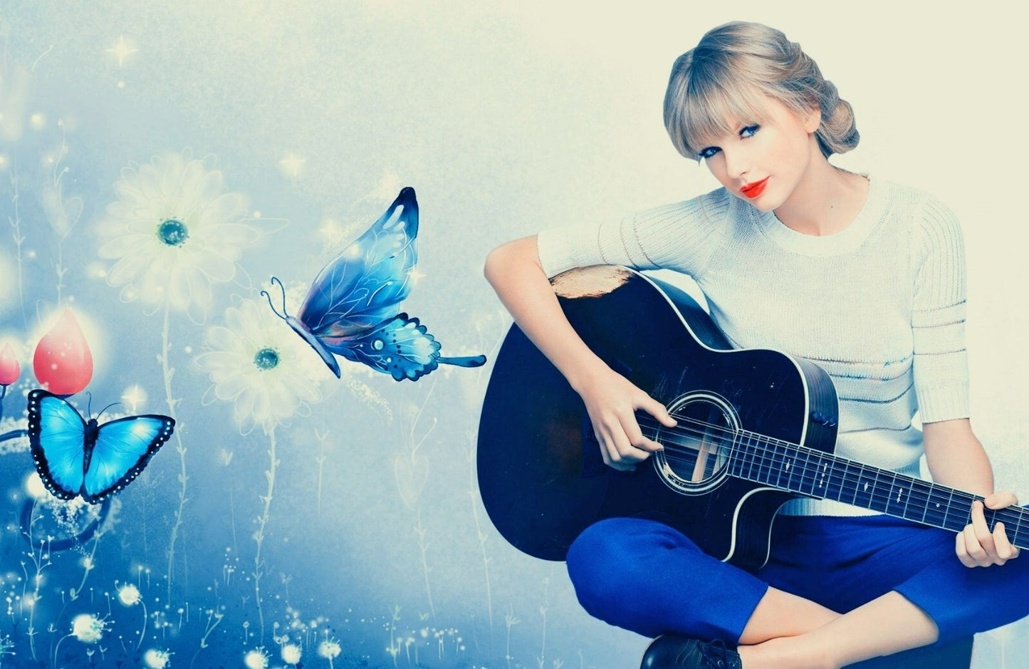 Taylor Swift with Black Guitar | Blue Butterfly Art Poster | Music Star Illustration - Music Poster