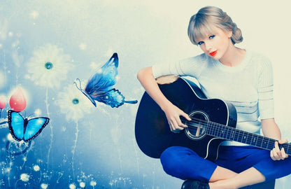 Taylor Swift with Black Guitar | Blue Butterfly Art Poster | Music Star Illustration - Music Poster
