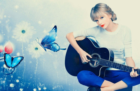 Taylor Swift with Black Guitar | Blue Butterfly Art Poster | Music Star Illustration - Music Poster