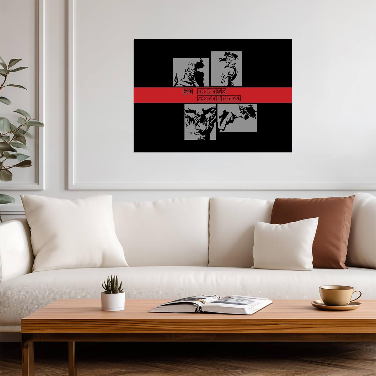 Cowboy Bebop Poster | Crew Portrait Panels in Black, White and Red - Anime Poster