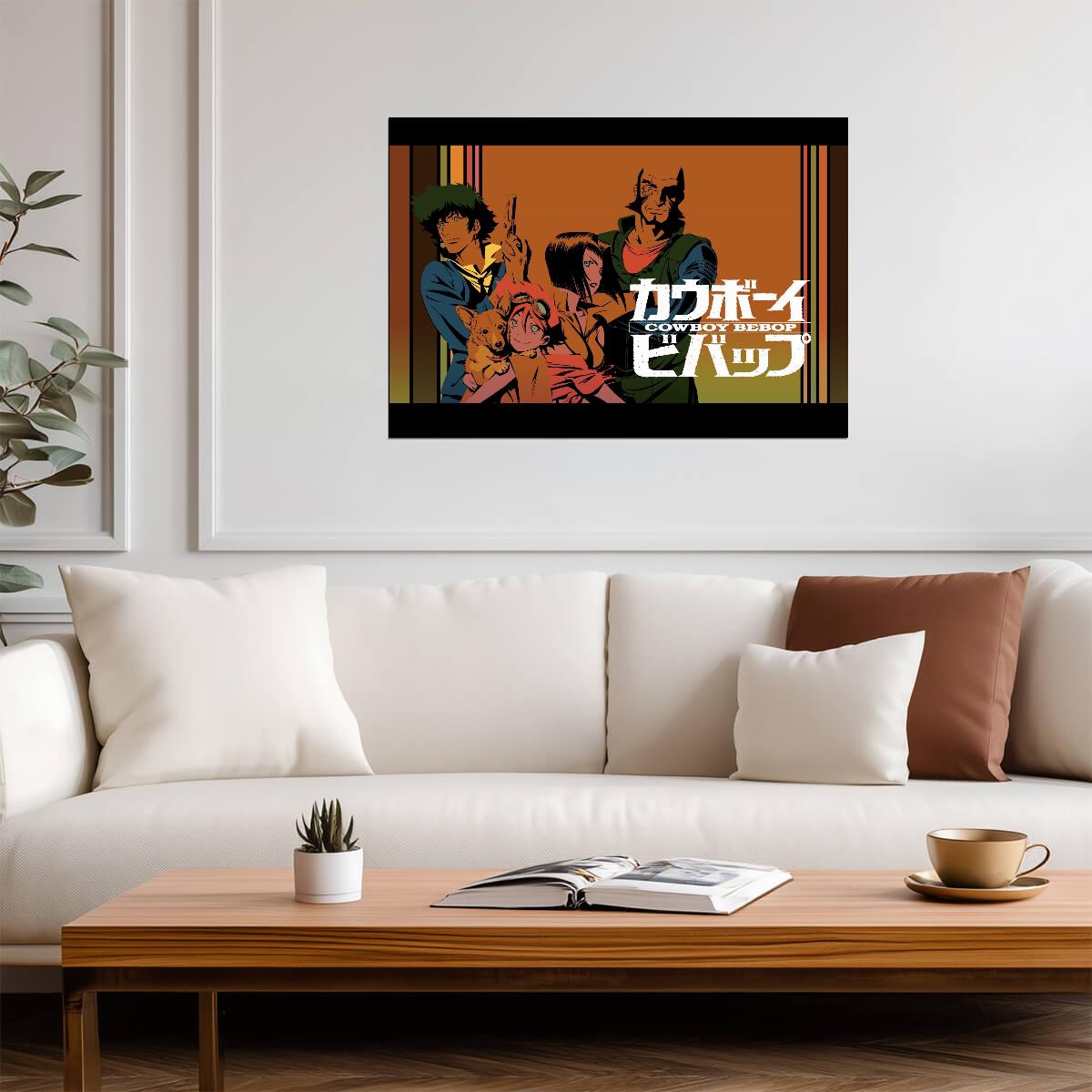 Cowboy Bebop Poster | Spike, Faye, Jet, Edward and Ein | Orange Background Illustration - Anime Poster