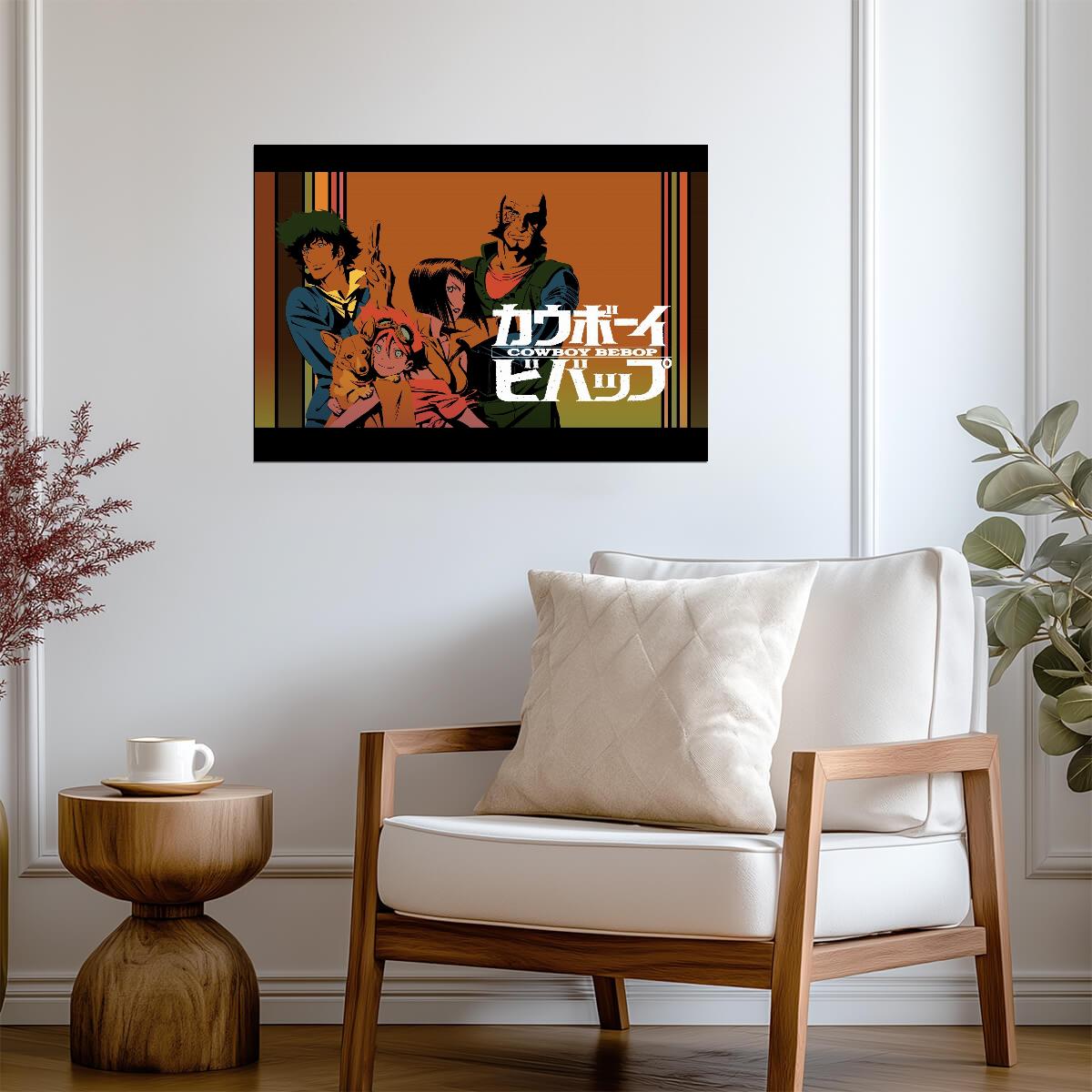 Cowboy Bebop Poster | Spike, Faye, Jet, Edward and Ein | Orange Background Illustration - Anime Poster