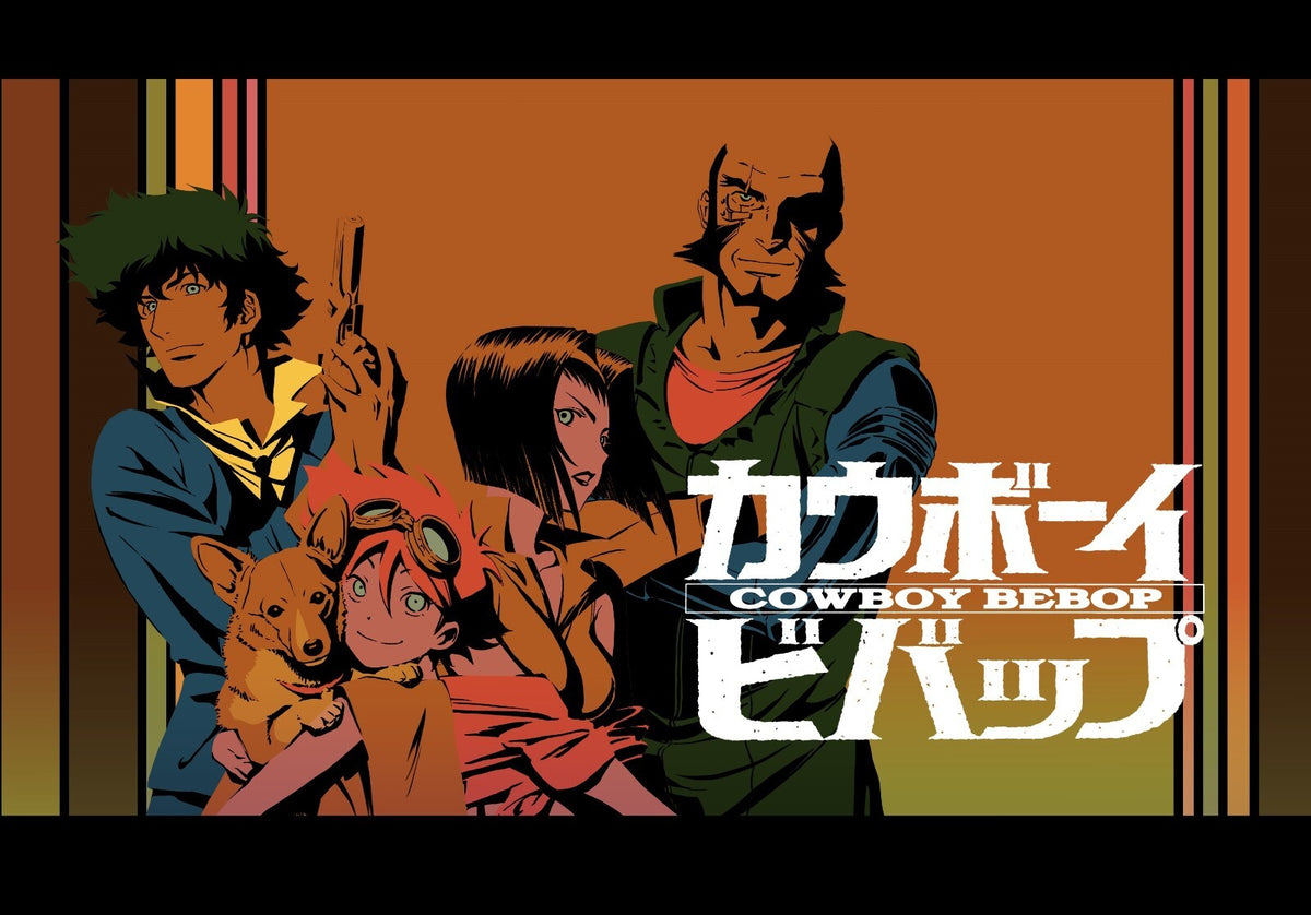 Cowboy Bebop Poster | Spike, Faye, Jet, Edward and Ein | Orange Background Illustration - Anime Poster