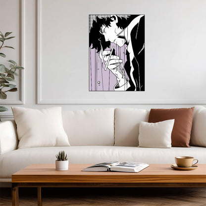 Cowboy Bebop Poster | Spike Spiegel Smoking in Black and White - Anime Poster