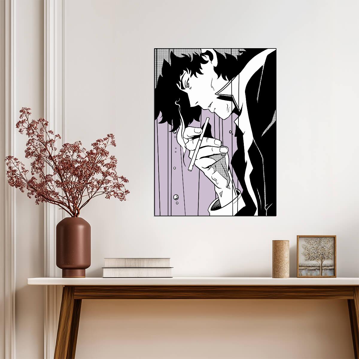 Cowboy Bebop Poster | Spike Spiegel Smoking in Black and White - Anime Poster
