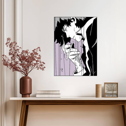 Cowboy Bebop Poster | Spike Spiegel Smoking in Black and White - Anime Poster