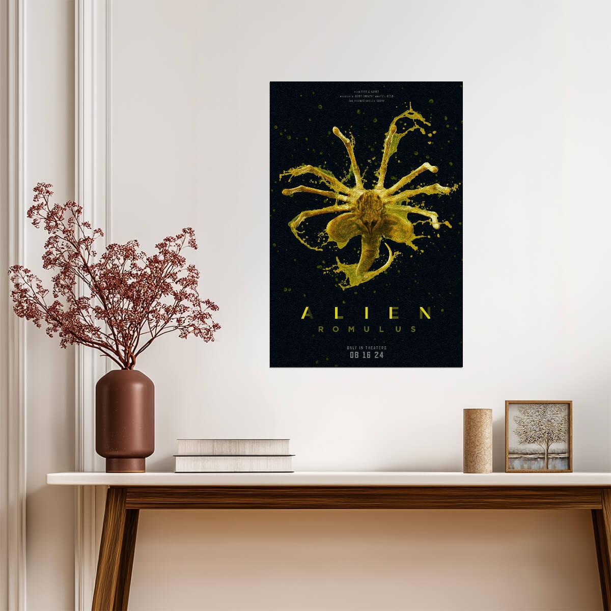 Alien Romulus Movie Poster | Yellow Facehugger | Splatter Art Print - Movies & TV Poster
