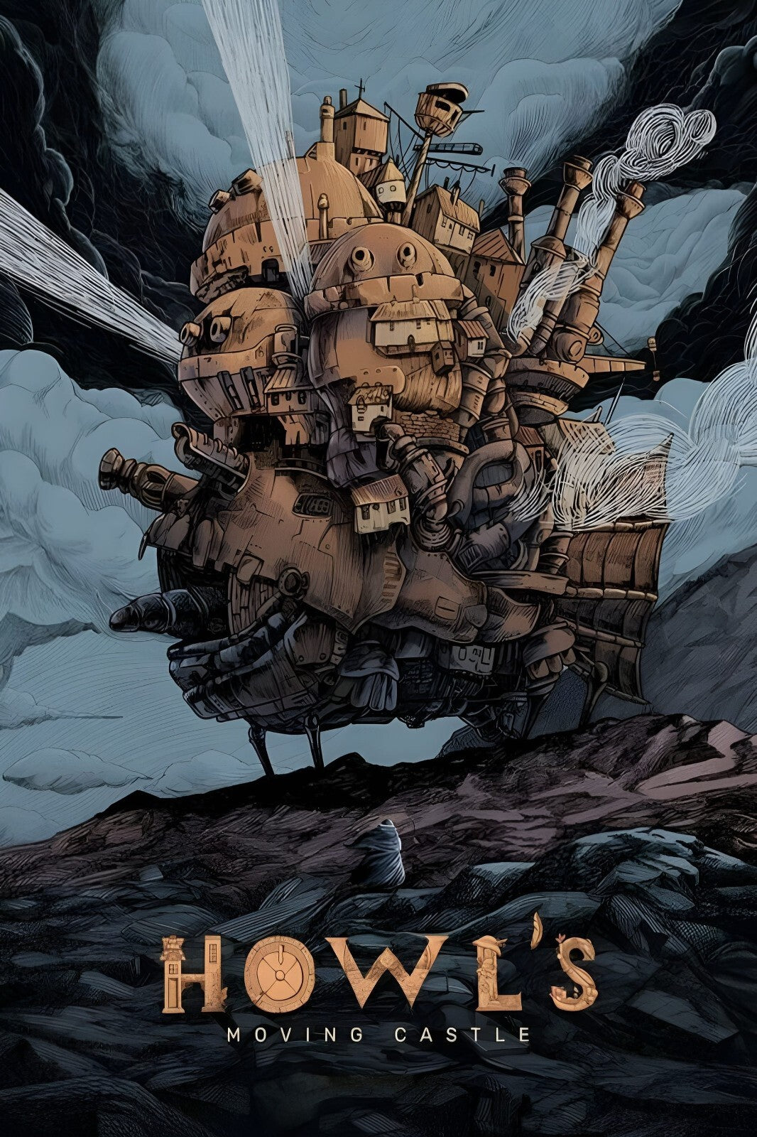 Howl's Moving Castle Movie Poster | Castle Moving Through Storm Clouds - Anime Poster