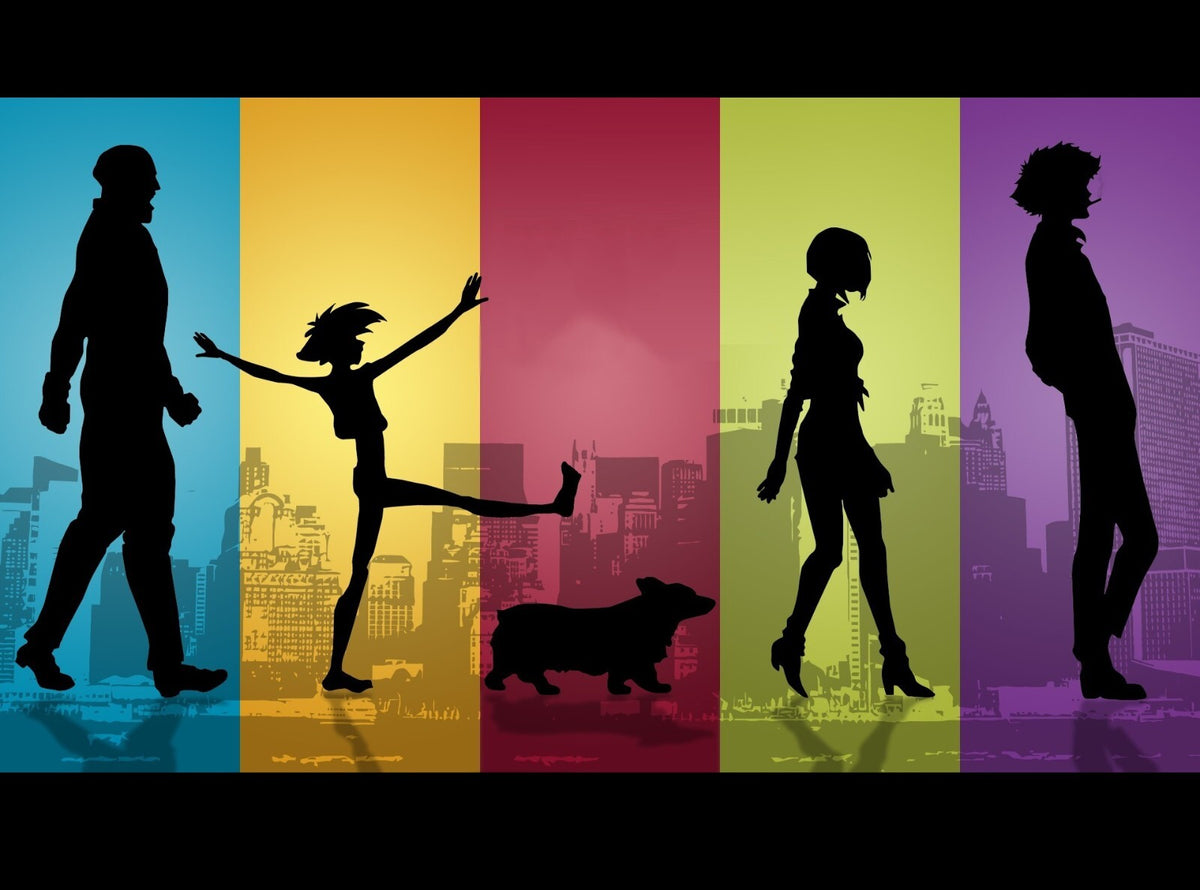Cowboy Bebop Poster | Crew Silhouettes in Five Color Panels - Anime Poster