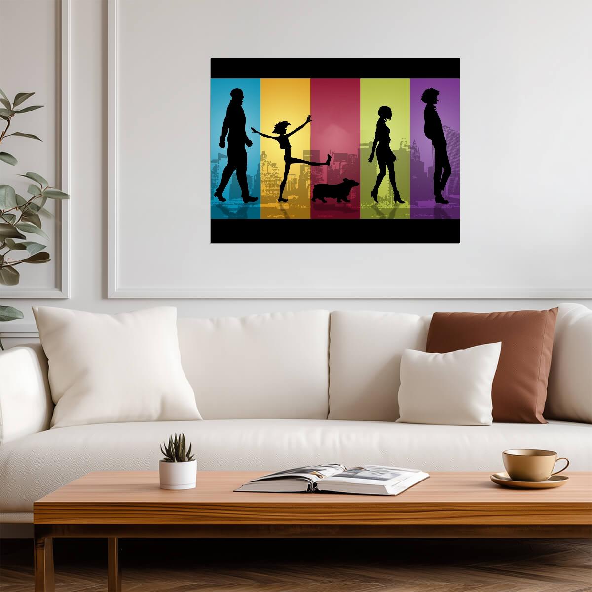 Cowboy Bebop Poster | Crew Silhouettes in Five Color Panels - Anime Poster