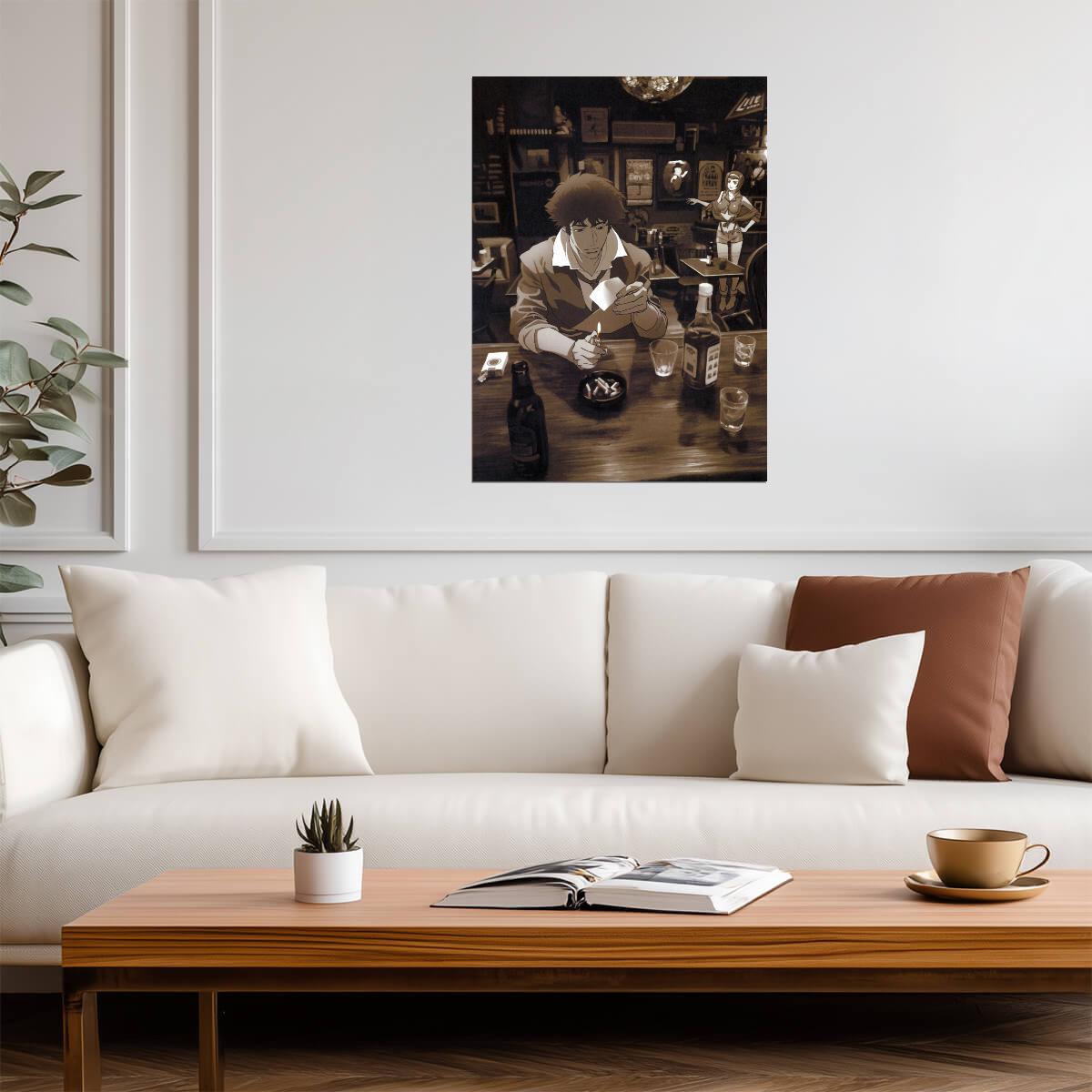 Cowboy Bebop Poster | Spike Spiegel at a Bar | Sepia Illustration - Anime Poster