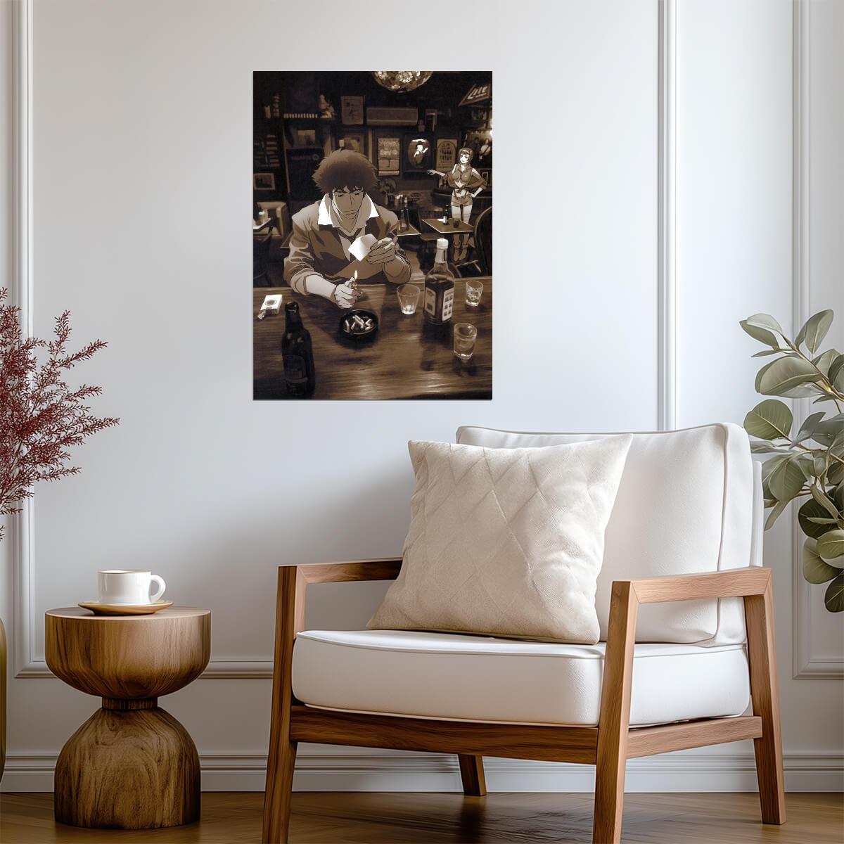 Cowboy Bebop Poster | Spike Spiegel at a Bar | Sepia Illustration - Anime Poster