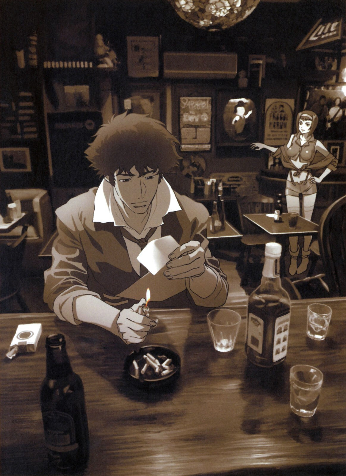 Cowboy Bebop Poster | Spike Spiegel at a Bar | Sepia Illustration - Anime Poster